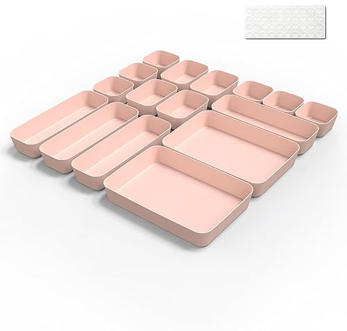 Schubladen Organizer Box Organizer Schubladen Ordnungssystem 16 Stk Küche Badezimmer Kosmetik Gewürz Aufbewahrung Organisation Drawer Kunststoff Büro Schreibtisch Trenner mit Silikonmatten (Rosa)