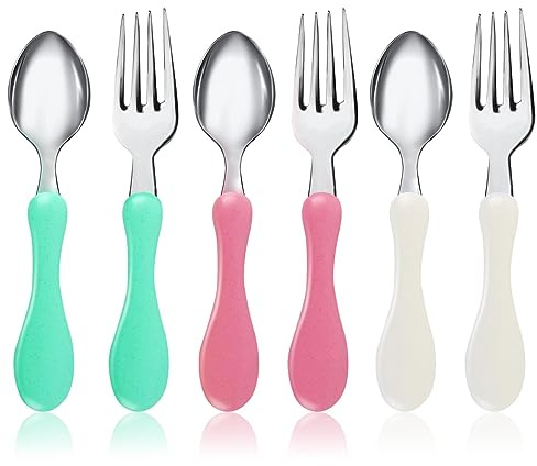 MUNSKT Baby Gabel und Löffel, 6PCS Edelstahl Fütterung Besteck mit weichem Griff, Entwöhnungsgerät Geschirr Set für 12 Monate Plus Kleinkind Kinder Kinder
