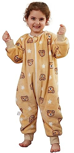 XQ&XG Baby Schlafsack mit Füßen 2.0 Tog,Kinderschlafsack mit Beinen | Schlafsack Kinder mit langen Ärmeln für mädchen und Junge Bär,120