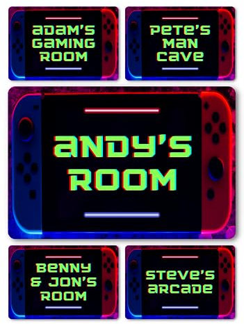 Bedroom Decor Name Signs - Custom Personalised Neon Style Metal Plaque for Children, Kids, Boys & Girls Home Decor, Nursery, Playroom Door (Boys Gaming Room)