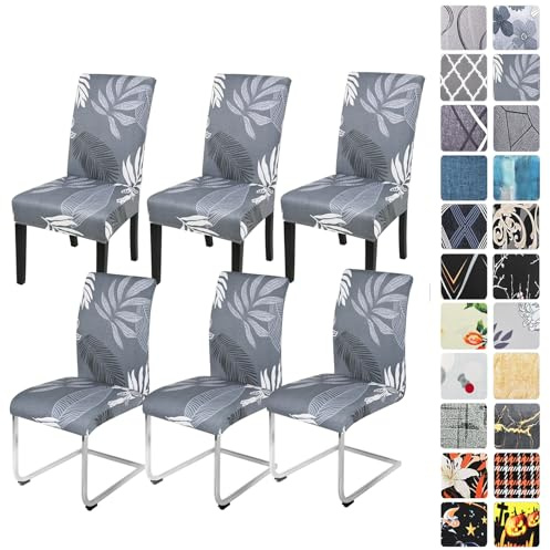 Alishomtll Stretch Stuhlhussen 6er Set Stuhlbezug Schwingstuhl Grau Blätter | Elastische Stuhlhussen Schwingstuhl Stuhlbezug Universal hussen für stühle Waschbare Esszimmerstühle Bezug Küche Hochzeit