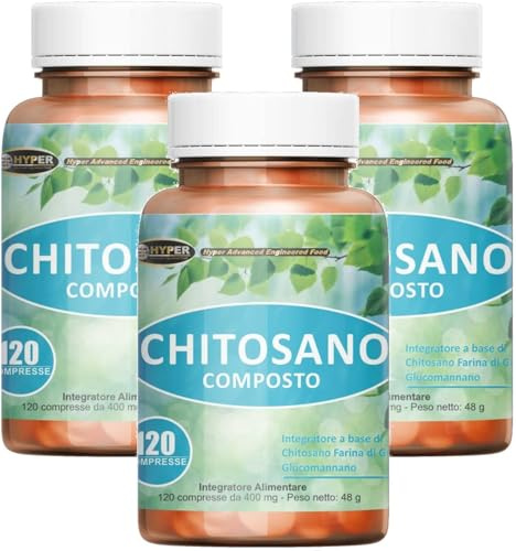 Hyper Chitosano Glucomannano 3x120 Compresse - Dimagrante che Favorisce la Perdita di Peso agendo come Brucia grassi e Riduce la Fame Nervosa riducendo i carboidrati ed i ed i Grassi Assorbiti