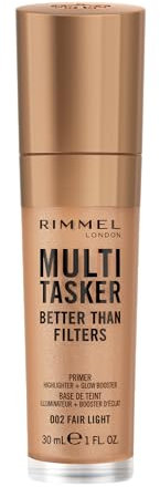 Rimmel Multi-Tasker Better Than Filters, 002 Fair Light, Primer, Glow Booster e Illuminante, Formula Vegana, Leggera, Antietà, Pigmenti che Riflettono la Luce, Maxi Applicatore Soft-Touch, 30ml