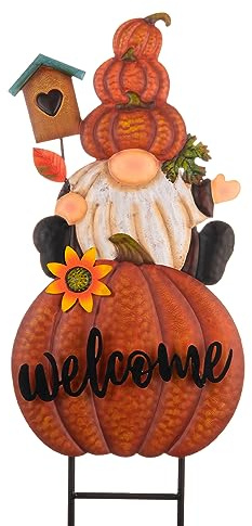 TERESA'S COLLECTIONS Fall Gnome Pumpkin Decorations for Outdoor Home, Metal Fall Decor Welcome Signs Stakes, Orange Autumn Yard Decor for Thanksgiving, Harvest Garden Patio Gift for Mom 25