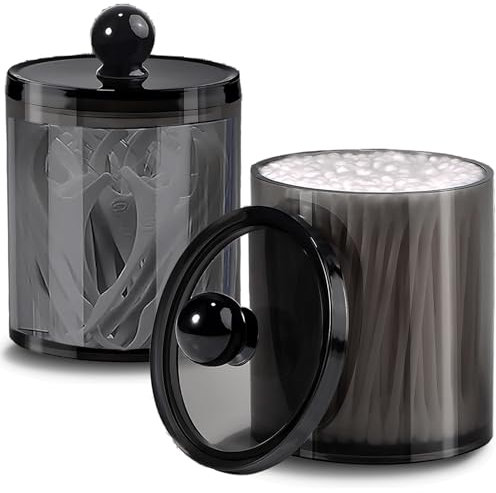 AIMIXUN 2 Pack Cotton Buds Dispenser, Cotton Pad Holder, 10 oz Clear Black Cotton Swab Holder Cotton Round Holder, Apothecary Jar Set Canister Storage Organization for Cotton Ball, Round Pads, Floss
