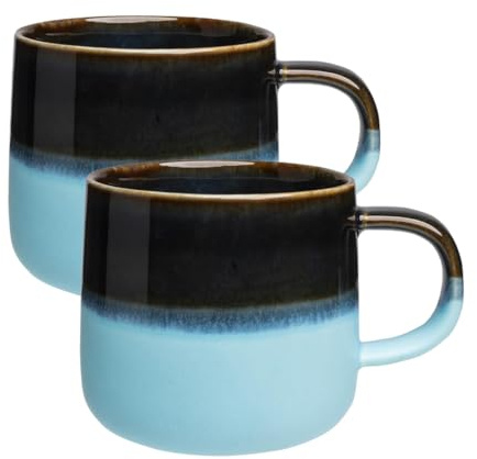 2er Set Keramik-Tasse Industrial für Kaffee, Tee, Kakao Kaffeebecher Kaffeetasse Groß, Cappuccino Tassen Steingut, Teetasse mit Henkel, Farbe: Blau 390 ml.