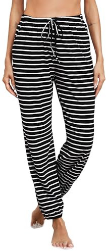 Vlazom Pyjamasbyxor Dam Randig Bomull Långa Mjuka Nattbyxor Med Fickor För Loungewear Hem Fritid, Svart rand, XXL