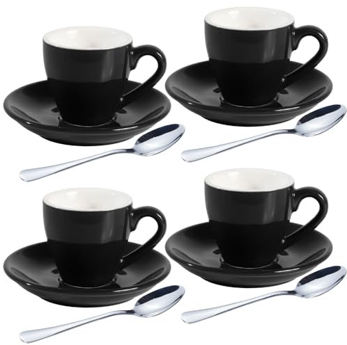 homEdge Set of 4 Black Porcelain Espresso Shot Cups with Saucers and Stainless Steel Spoons 80ml