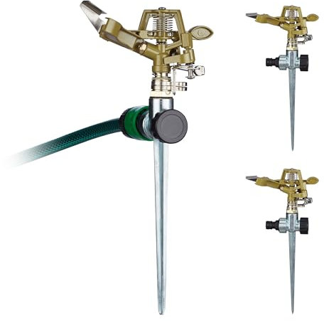 Relaxdays Irrigatore ad Impulsi con Picchetto, Set da 3, Spruzzatore per Prati, 360°, Getto 15 m, Sprinkler, Dorato, 29 x 11 x 6 cm