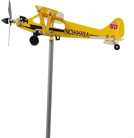 Veleta de avión, molino de viento de metal para avión, veleta meteorológica, brújula de dirección del viento, Piper J3 para jardín, terraza, patio, S 28 x 18 cm (L)