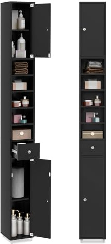 COSTWAY Armario Alto de Baño con 2 Puertas, 1 Cajón y 5 Estantes Ajustables, Mueble Columna Delgado, 20x20x180 cm (Negro)