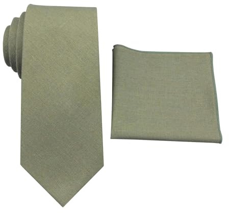 Herren-Krawatte und Einstecktuch aus massivem Leinen, schmal, regulär, extra lange Krawatte, Salbeigrün, Regular Tie