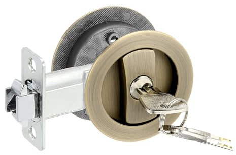 PATIKIL Round Recessed Door Lock with Keys, Bronze Zinc Alloy, 80 x 27mm / 3.15 x 1.06 inch (L*W), 35-50mm Thickness, Privacy Sliding Door Lock for Bedroom, Bathroom, Barn Door