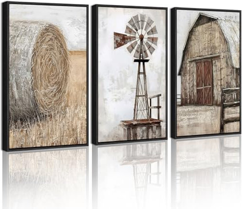 Drsoum Farmhouse Wandkunst, Vintage, rustikale Windmühle, Scheune, Kornfeld, Bilder, gerahmt, Gemälde, Landschaft, ländlich, Leinwand, Kunstwerk, Heimdekoration, fertig zum Aufhängen, 27,9 x 35,6 cm,