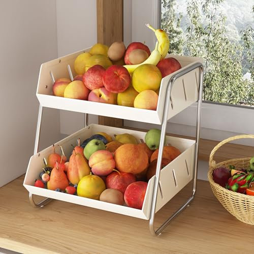 COVAODQ Obstkorbschalen für Küchentheke, 2-stöckig, Obstkorb, Schüsselhalter, Metall-Obstständer, Küche, Gemüse, Brot, Snacks, Aufbewahrung (weiß)
