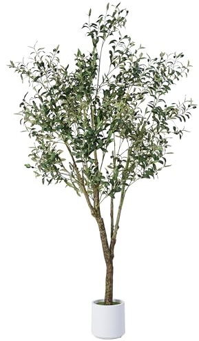 Jocoevol Artificial Olive Tree 7FT, Indoor Fake Silk Plant with Realistic Trunk, Leaves, Fruits and White Planter, Faux Potted Tree for Home Decor and Housewarming Gift, 1 Pack