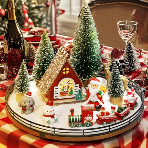 Weihnachtsdorf-Sets, 33 cm, Eichenholz, Lazy Susan für Tischdekoration, Tischdekoration für Tisch, Weihnachtsdekoration, Bäume, Schneemann, Elefant, Weihnachtsmann, Rentier, Zug für Festliche