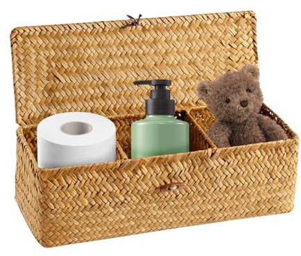 Aufbewahrungskorb Rattan Korb mit Deckel Flechtkorb Storage Basket Handgewebt Korb Geflochten Seegras Korb mit Deckel Aufbewahrungsbox Geflochten Ordnungsboxen Bad Badezimmer Box für Aufbewahrung
