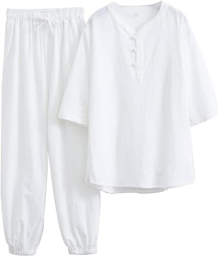 WHESAZYP Tai Chi Suits Tai Chi Clothing Women Kung Fu Uniform Cotton Linen Martial Arts Set Short Sleeve Pants Zen Meditation Uniform,Tang Suit Chinese Traditional Clothes (White XL)