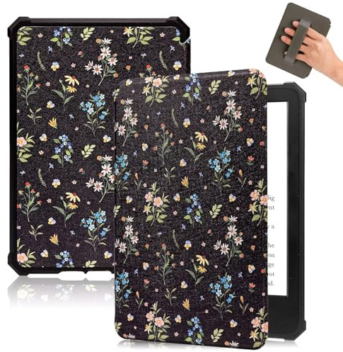 Fancity Hülle Kompatibel mit 7 Zoll Kindle Paperwhite 12. Generation, 2024 | Weiche TPU Hülle Kompatibel mit 7 Kindle Paperwhite/Colorsoft Signature Edition, Handschlaufe, Schlaf/Wachen, Black Floral
