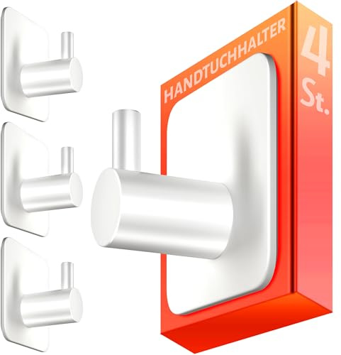 4smile Handtuchhalter ohne Bohren, 4er-Set in Weiß | Edelstahl Badezimmer Handtuchhalter, Klebehaken mit guter Tragkraft , Haken selbstklebend, wasserfeste Haken für Bad, Küche
