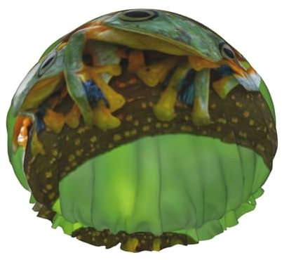 Niedliche Frösche bedruckte doppellagige Duschhaube, wiederverwendbare Duschhaube, geeignet für verschiedene Haarlängen