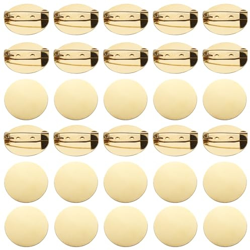 QUARKZMAN Broche Invierto Rond Plateau Doré Avec Épingle Attache 26mm 50Pcs | Base Disque, Métal Pour Corsage Badges ID Cartes De Nom Étiquettes DIY Artisanat