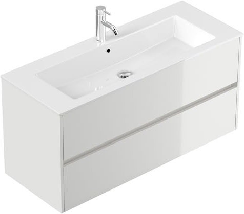 Lomadox Badezimmer Waschtisch 120 cm in weiß Hochglanz, Mineralguss-Waschbecken, 2 Schubladen, wandhängend