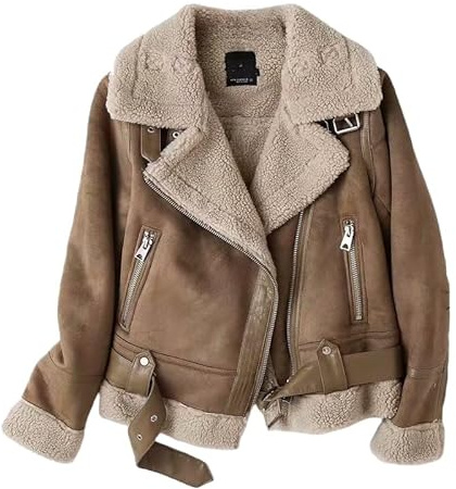 Women's Suede Sherpa Leather Jacket Warm Fleece Winter Bomber Jacket Motorcycle Biker Sherpa Lined Coat Fur Collar Winter Aviator Leather Coat Windbreaker 01 Dark Brown M