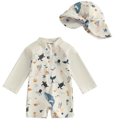 WYTbaby Traje de baño de una pieza para bebé, ropa de protección UV de manga larga para bebé niño con sombrero para el sol