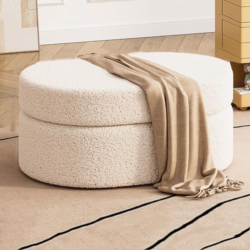 Panca ottomana in tessuto Sherpa, ovale imbottita in bouclé, panca con contenitore, panca da ingresso, poggiapiedi multifunzionale, tavolino da caffè per camera da letto e soggiorno (60 cm, bianco)