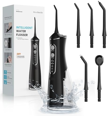 Water Flosser Teeth Cleaner, 4 Modes Cordless Portable Oral Irrigator, 300ML Larger Tank Rechargeable Water Dental Pick with DIY Strength, IPX7 Waterproof Flossing Cleaning Picks for Home Travel Black