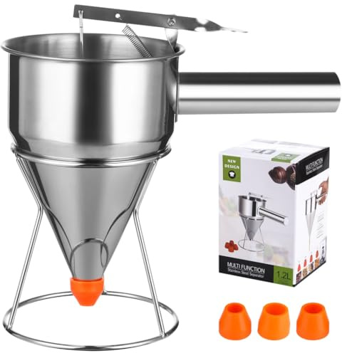 Pfannkuchenteigspender, 40 oz Edelstahl-Trichterkuchenspender, Cupcake-Teigspender mit Ständer, 4-Kaliber-Düsen, Teigspender für Pfannkuchen, Cupcakes oder andere Backwaren