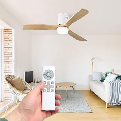 HYBEC - Ventilador techo grande 132 cm con luz LED 20W | Motor DC silencioso | 3 aspas madera natural | Mando con temporizador y función invierno/verano | Diseño moderno sin barra