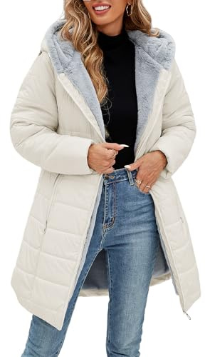 CMTOP Giacca Invernale Donna Foderati Cappotto Invernale in Pile Caldo Giubbotto Trapuntata Lungo Antivento Giacca con Cappuccio Casual Parka Cappotto Imbottito con Zip e Tasche(Beige,XL)