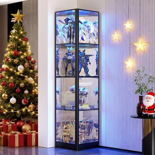 WEQUB Corner Display Cabinet with Glass Doors, 4 Tier Corner Shelf with LED Lights, 68 Display Case for Collectibles, Toys, Books, Curio Storage Cabinet, Black