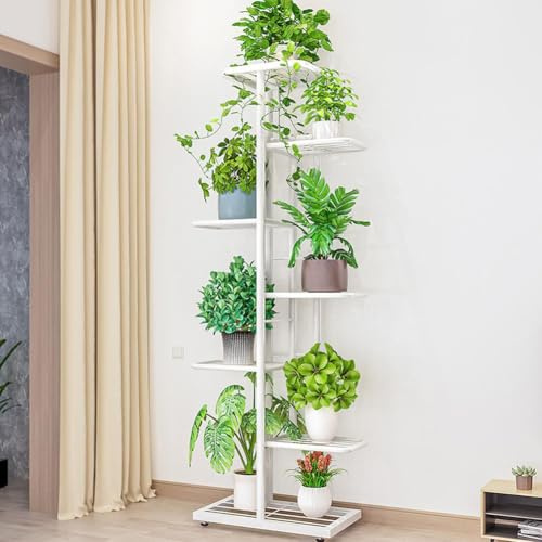Pflanzenständer, 7 Tier Pflanzenregal, 126cm Mehrstöckig Metall Blumenregal, Blumentreppe für 8 Blumentopf Pflanzen, Mehrstöckig Blumenständer Standregal für Wohnzimmer Garten Balkon Büro-Weiß