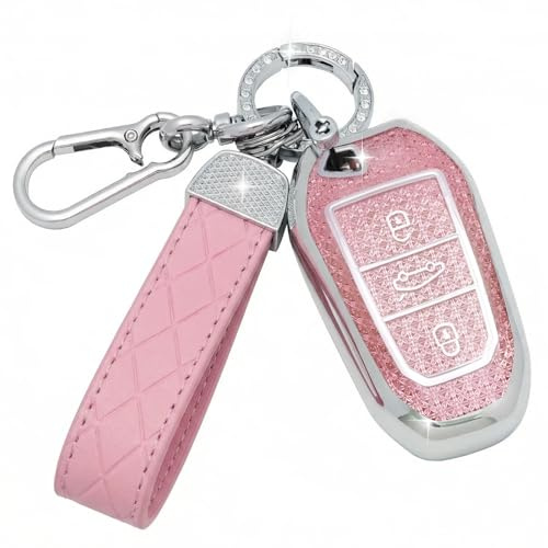 SparkleJoy Autoschlüssel Hülle Glitzer Kompatibel mit Peugeot 208 308 508 2008 3008 5008 Rifter Citroen C3 Arricross C4 Picasso DS3 DS4 Berlingo Schlüssel, TPU Schutzhülle Cover - Smart Key（Rosa）