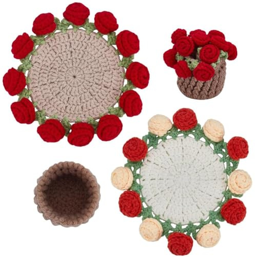PLIGREAT Cute Coasters Set of 2 Flower Crochet Coasters with Crochet Flowerpot Holder Handmade Decorative Cup Mat for Tabletop Home Decor Housewarming Gift, 2 Colors