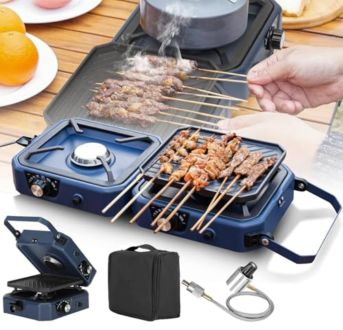 Réchaud de camping portable avec 2 brûleurs réglables, allumage piézoélectrique et plaque chauffante pour la cuisine en plein air et l'utilisation d'urgence