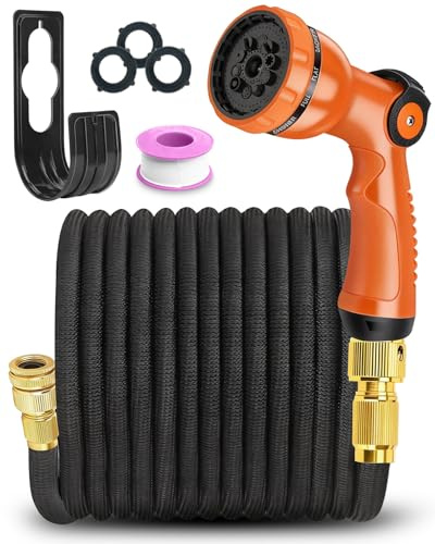 Gartenschlauch Flexibel 15M, 50FT Erweiterbarer Gartenschlauch mit 10-Funktions-Düse, 3/4 und 1/2 Zoll Messinganschlüssen, Daumenschalter, Flexibler Garden Hose für den Außenbereich Waschen Gießen