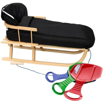 BirnePower Holzschlitten 90cm mit Rückenlehne und Winterfußsack 90cm oder 108cm Komplettset inkl. Zugseil & Gurt, Rodelschlitten aus Buchenholz