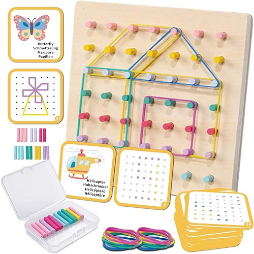 Geobrett aus Holz für Kinder, 2-in-1 Montessori Steckspiel mit 60 Vorlagenkarten, 49 bunten Stäbchen, Gummibändern und Box, Feinmotorik Lernspielzeug für Kindergarten und Grundschule