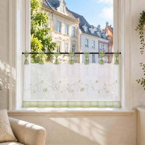 Joyswahl Scheibengardine Voile Bistrogardine Selina mit Blumen-Stickerei Muster Transparente Gardine HxB 60x145cm Grün 1er Pack