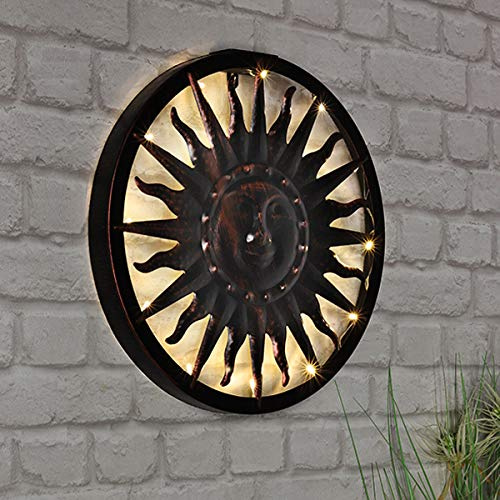 Mojawo Nostalgische Solar LED Wandlampe Sonne Ø ca.40cm Schwarz Kuperfarben 12 warmweiß leuchtene LED