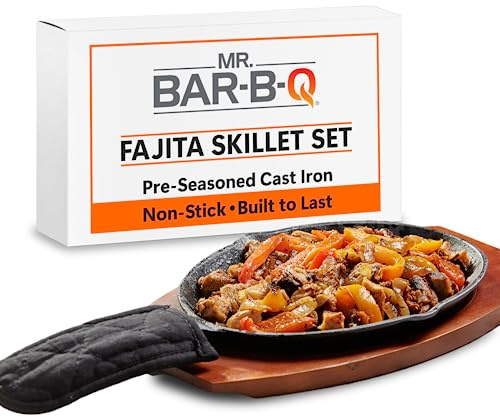 Mr Bar B Q Juego de sartenes de fajita de hierro fundido de alta calidad, pre-sazonadas, placa chisporroteante antiadherente, base de madera, mango de tela, plato de carne chisporroteante, ideal para