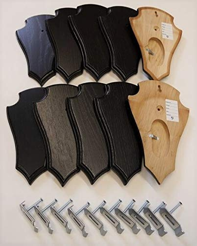 GTK - Geweihe & Trophäen KRUMHOLZ 10 Stück Reh Trophäenschild AF 21 x 13 cm Spitz groß in Eiche Dunkel mit 1 Kieferfach mit 10 Stück Gehörnklammer