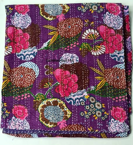 Lila Frucht Kantha mit 2 Kissenbezügen Vintage Ethno Floral Baumwolle Quilting Fruit Kantha Quilt Tagesdecke Patchwork Stitch Decke Twin/Queen/California King Size (228 x 274 cm)