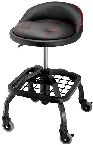 Powerbuilt Rolling Stool Shop Seat with Padding and Lumbar Support, Garage, 330 Pound Capacity - 240338, Black