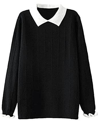 FTCayanz Femme Pull Tricoté Manches Longues Chandail Chic Ample Pullover Sweater Élégante Col Chemise Sweat Shirt Noir M